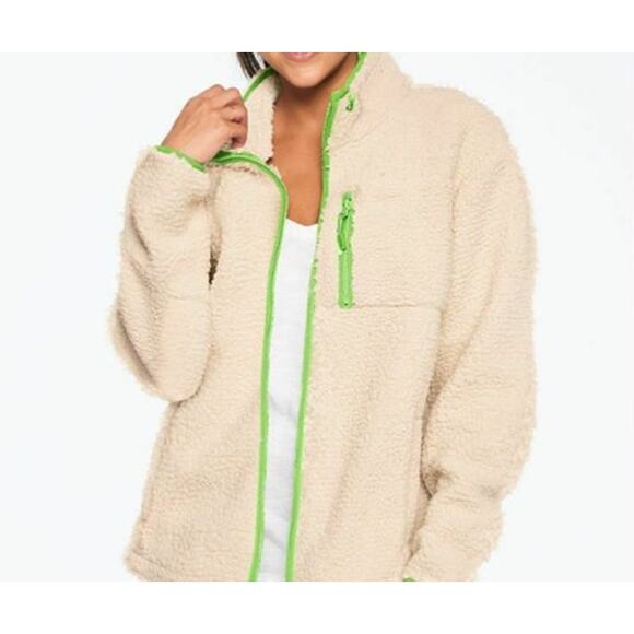 Victoria Secret PINK Cream and Neon Green Trim Sherpa Full Zip Jacket Size Small - Picture 1 of 9
